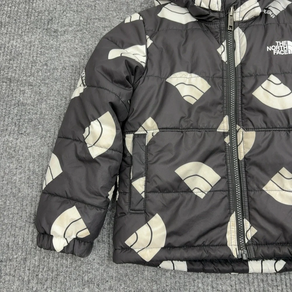 The North Face Puffer Jacket Kids 4 Black White Logo Print Hooded Winter Warm